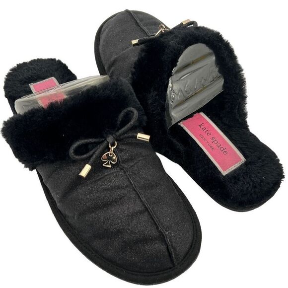 Kate Spade NY Lacey Faux Fur Black Slippers Lightweight Flat Designer Fuzzy - Picture 5 of 7